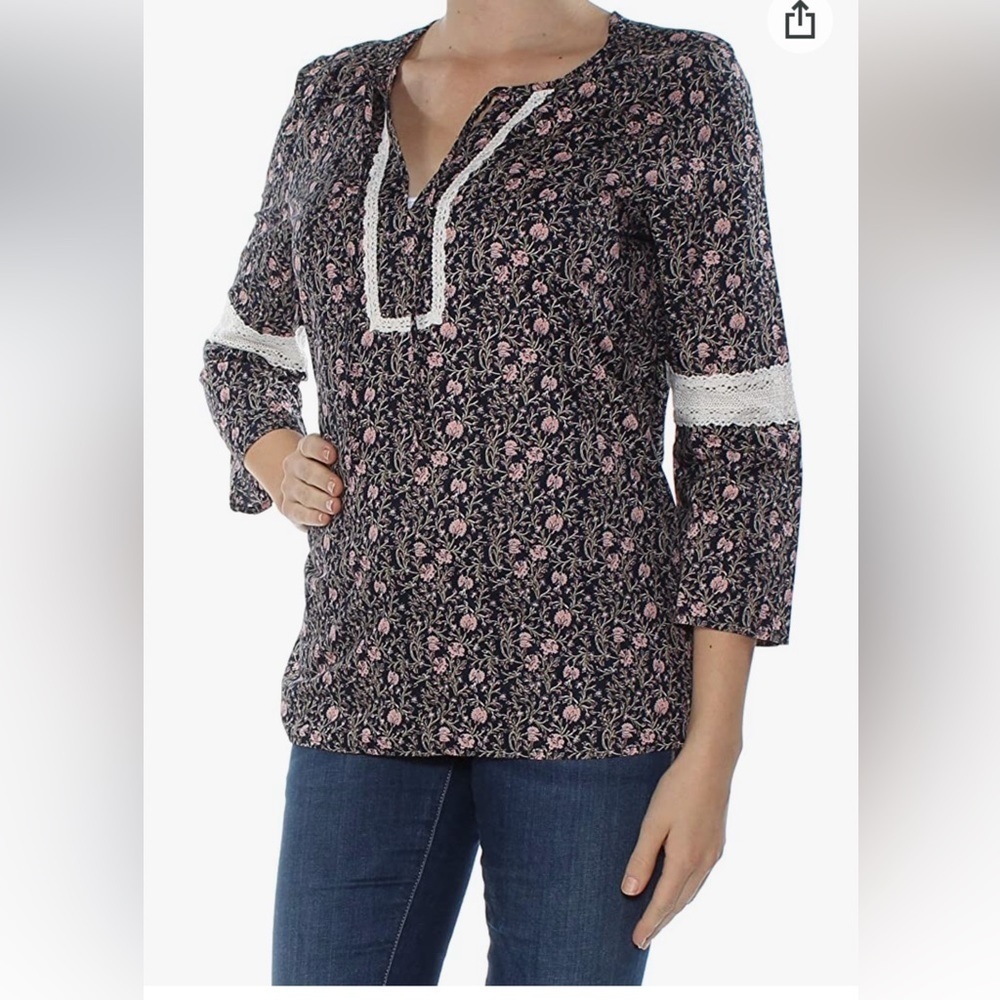 Tommy Hilfiger Womens Lace-Detail Knit‎ Blouse. Size medium. Navy, cream, & pink